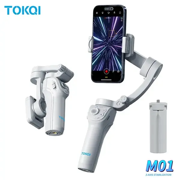 TOKQI M01 جيمبال 3 محاور احترافي | مانع اهتزاز AI ذكي | بطارية 8 ساعات | إضاءة LED