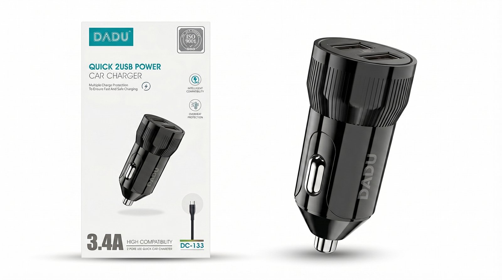 شاحن سيارة دادو ثنائي المنافذ مع كابل سريع DC-133